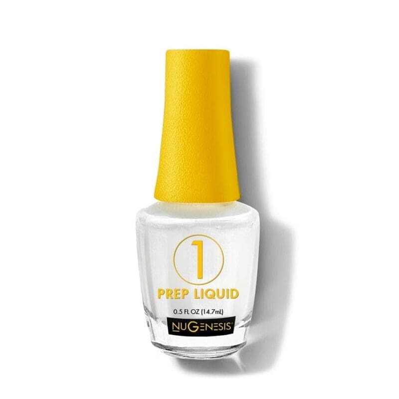 A bottle of NuGenesis Essentials 0.5oz prep liquid nail product on a white background.