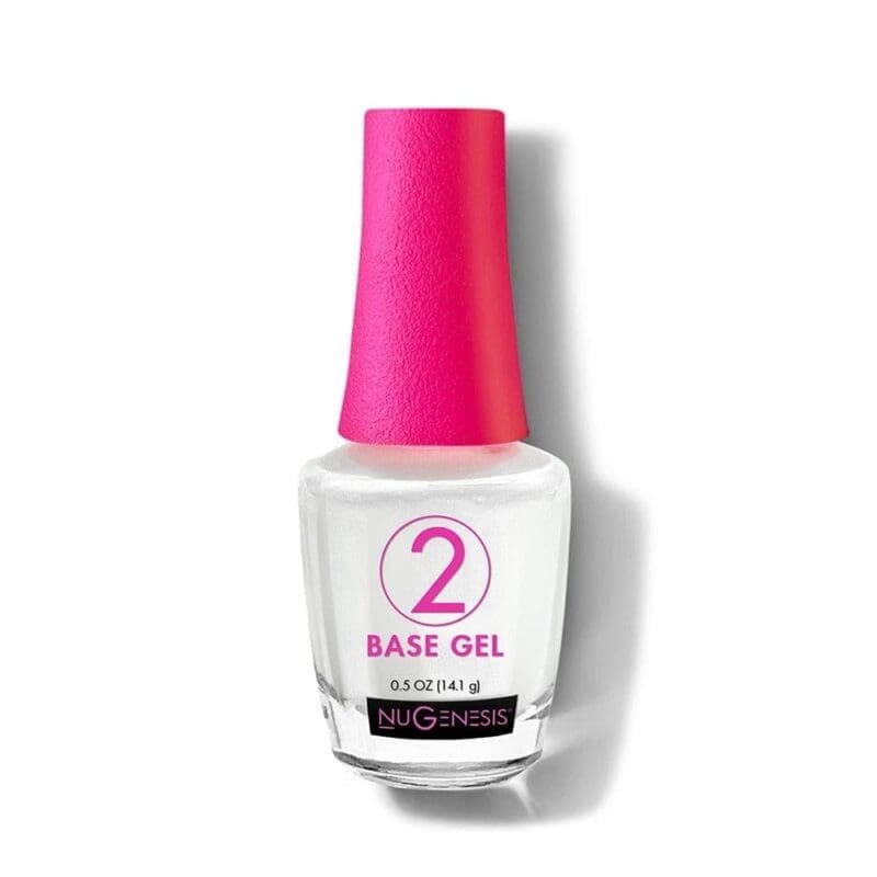 A bottle of NuGenesis Essentials 0.5oz base gel nail polish with a bright pink cap, isolated on a white background.