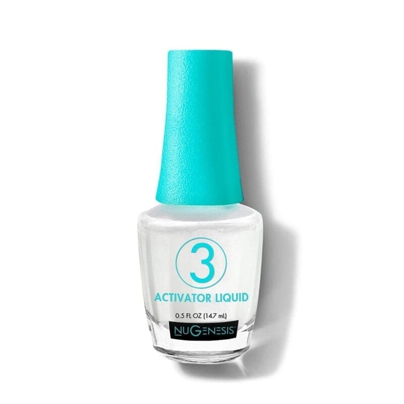 Bottle of NuGenesis Essentials 0.5oz activator liquid with a turquoise cap, labeled "3", on a white background.