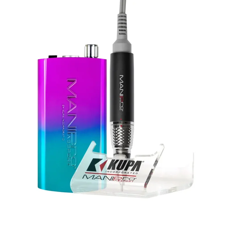 A colorful MANIPRO Passport Complete Pixie with a connected handpiece and a transparent cradle.