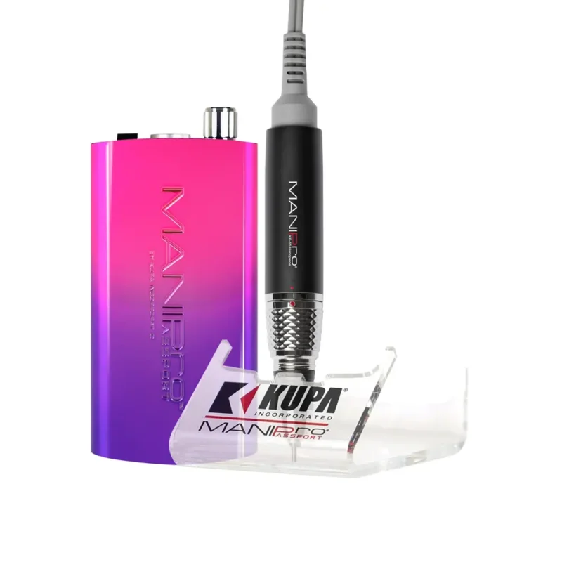 Electric nail drill MANIPRO Passport Complete Pixie with a pink and purple control box and a handpiece attached, isolated on a white background.