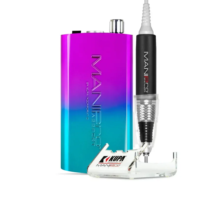 A complete MANIPRO Passport Complete Pixie nail drill machine with a metallic gradient design, connected to a handpiece, displayed on a white background.