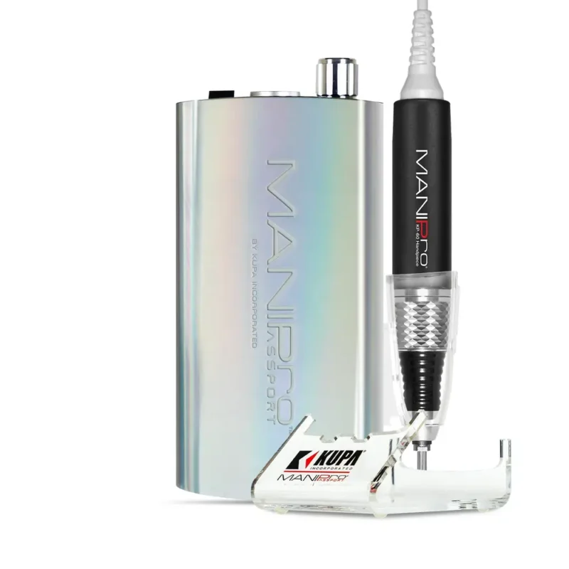 Portable electronic MANIPRO Passport Complete Unicorn nail drill with a modern design, featuring a silver holographic control box and a handpiece.
