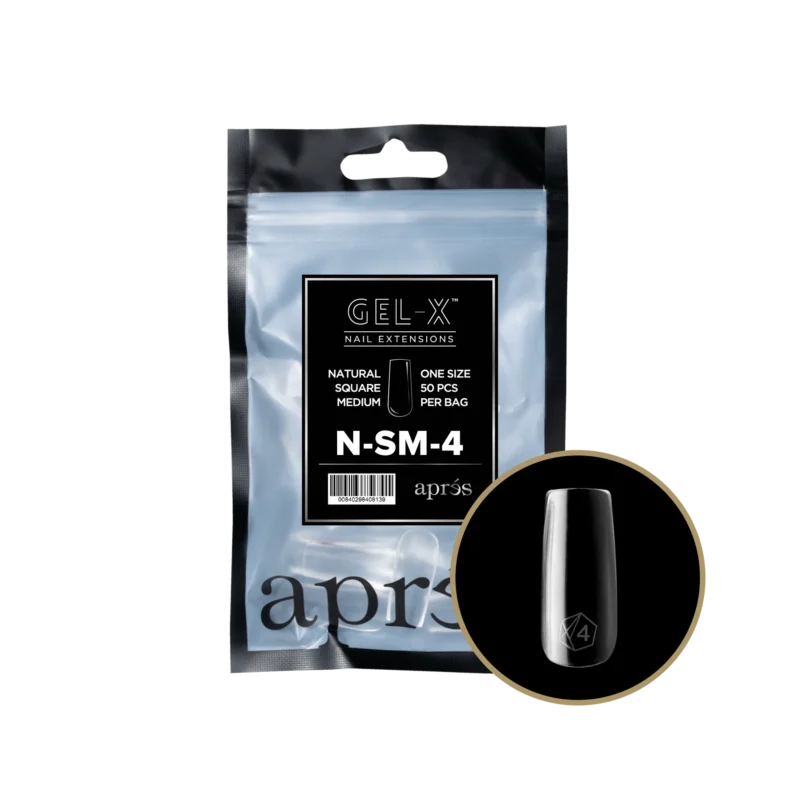 Apres Gel-X Natural Square Medium Refill Bag nail extensions and nail gel bottle.