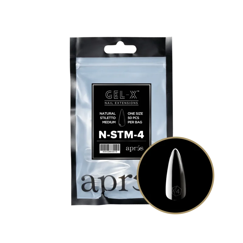 A package of Apres Gel-X Natural Stiletto Medium Refill Bag nail extensions displayed alongside a single nail sample.