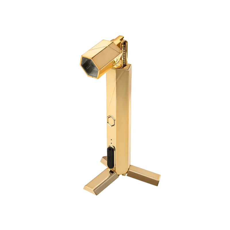 Gold-colored security turnstile with an integrated card reader and Apres Gel-x Flash Cure Omni Light Gold.