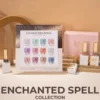 A display of nail polish colors labeled "Enchanted Spell Cat Eye Collection" alongside bottles of nail polish and a gel system kit from Lavis Nails. The complete set also features the LAVIS Cat Eye CE11 for a mesmerizing finish.