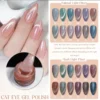 A selection of 20 LAVIS Cat Eye gel polish colors is shown, with two hands displaying a shimmery manicure. The effects of natural light and flash light on the polish are compared on a color chart, highlighting the magic of the Enchanted Spell Collection.