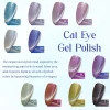 A display of 12 different shades of LAVIS Cat Eye CE12 - Artic Jewel Collection, numbering from 01 to 12. The text explains that the polish uses a magnet to create a hypnotic, feline-eye-inspired effect. Among the shades is the enchanting Artic Jewel, adding an extra touch of luxury.