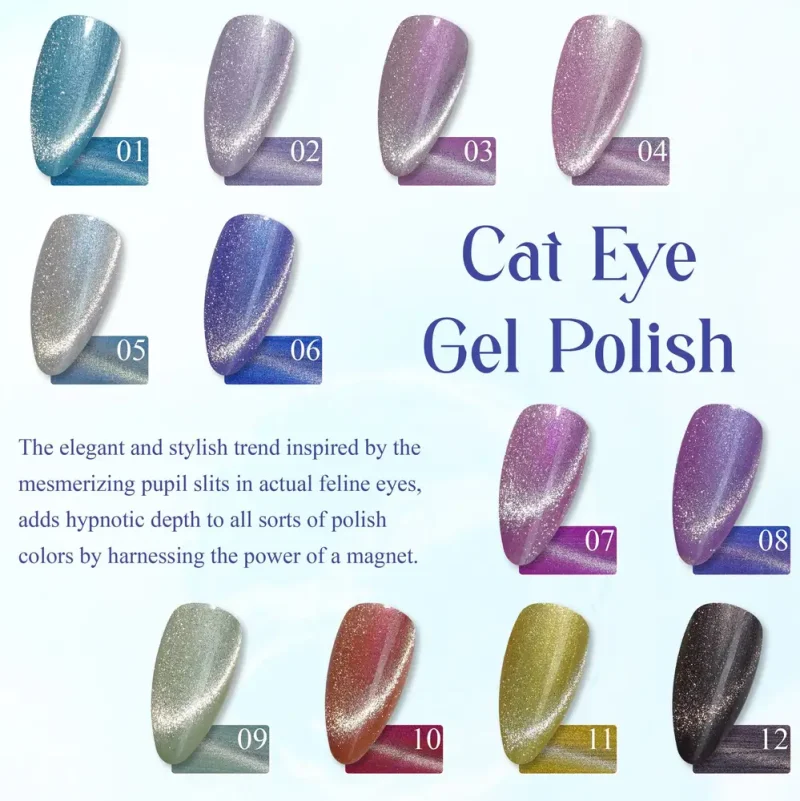 A display of 12 different shades of LAVIS Cat Eye CE12 - Artic Jewel Collection, numbering from 01 to 12. The text explains that the polish uses a magnet to create a hypnotic, feline-eye-inspired effect. Among the shades is the enchanting Artic Jewel, adding an extra touch of luxury.