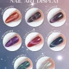 Image showing a nail art display from the LAVIS Cat Eye CE14 - Super Nova Collection with eight styles: Chameleon, Circle, Clustered, Cruciform, Curve-Line, Side-Semicircle, Cross-Shaped, and Slanting. Each design is presented in various colors using LAVIS’s Cat Eye CE14 polish for a mesmerizing finish.