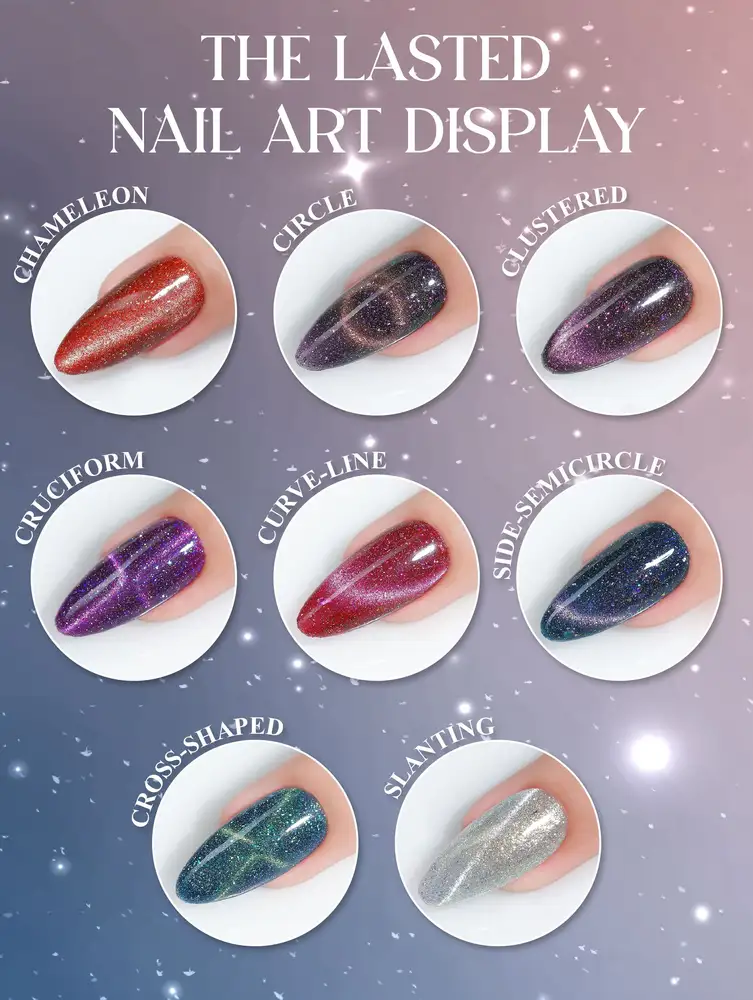 Image showing a nail art display from the LAVIS Cat Eye CE14 - Super Nova Collection with eight styles: Chameleon, Circle, Clustered, Cruciform, Curve-Line, Side-Semicircle, Cross-Shaped, and Slanting. Each design is presented in various colors using LAVIS’s Cat Eye CE14 polish for a mesmerizing finish.