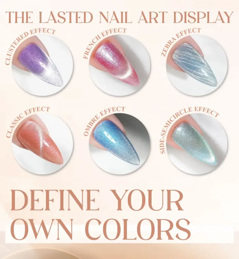 A nail art options display showcases six designs: Clustered Effect, French Effect, Zebra Effect, Classic Effect, Ombre Effect, and Side-Semicircle Effect. Text reads "The Lasted Nail Art Display" from the Enchanted Spell Collection and "Define Your Own Colors.