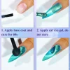 Step-by-step guide for applying LAVIS Cat Eye CE4 - Fairy Tale Collection gel nails: 1. Apply base coat and cure; 2. Apply cat eye gel; 3. Use magnet to craft desired effect and cure; 4. Apply top coat and cure.