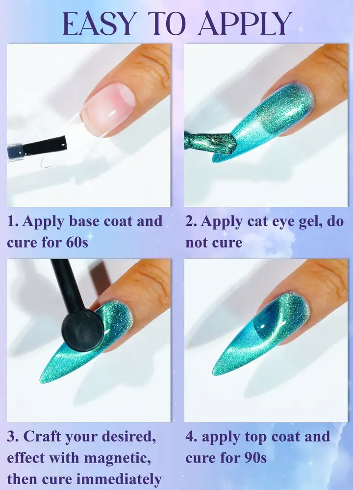 Step-by-step guide for applying LAVIS Cat Eye CE4 - Fairy Tale Collection gel nails: 1. Apply base coat and cure; 2. Apply cat eye gel; 3. Use magnet to craft desired effect and cure; 4. Apply top coat and cure.