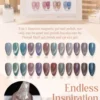 A display of 15 magnetic gel nail polish colors, each with unique shades and shimmering effects, labeled 01 to 15. A hand with silver shimmery nails holds an applicator. Text reads "Endless Inspiration. Discover the Enchanted Spell Collection for a truly magical manicure.