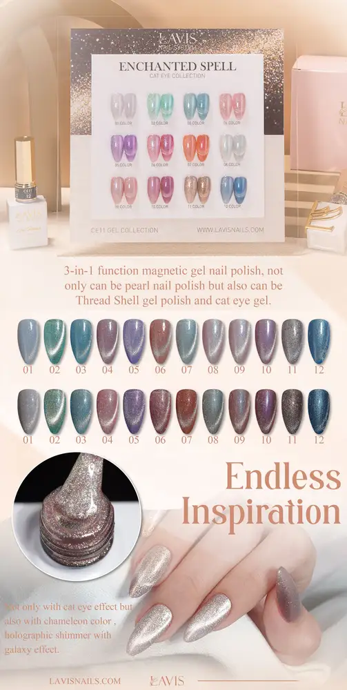 A display of 15 magnetic gel nail polish colors, each with unique shades and shimmering effects, labeled 01 to 15. A hand with silver shimmery nails holds an applicator. Text reads "Endless Inspiration. Discover the Enchanted Spell Collection for a truly magical manicure.