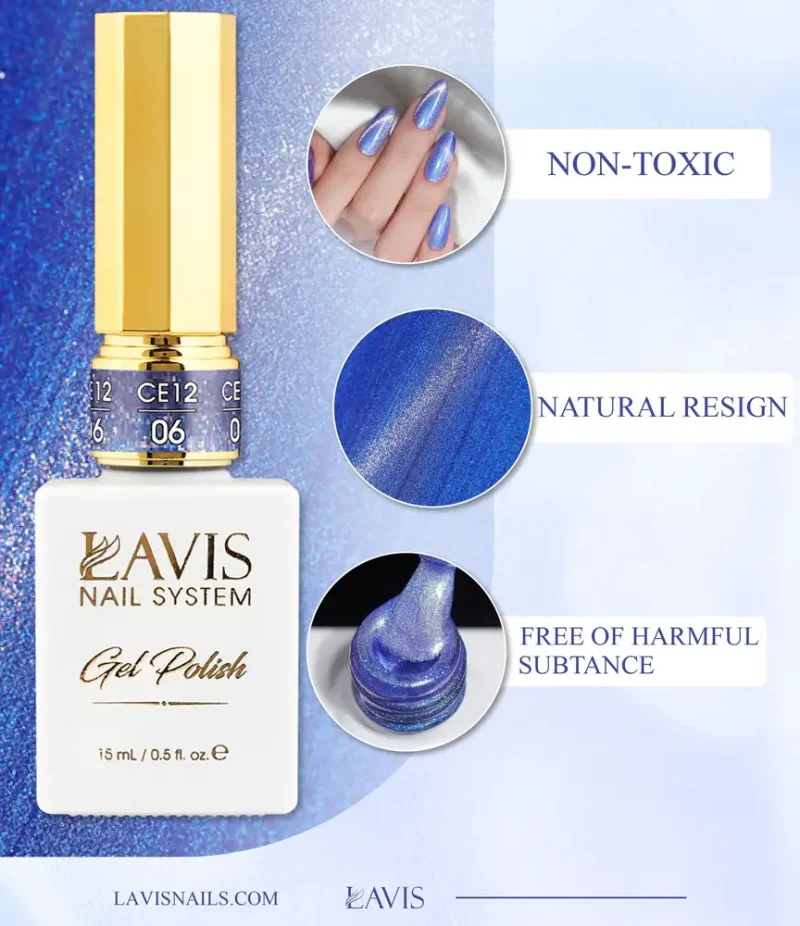 A bottle of LAVIS Cat Eye CE12 from the Arctic Jewel Collection, showcasing a shimmery blue color. Text highlights features as non-toxic, made with natural resin, and free of harmful substances. Lavis branding at bottom.