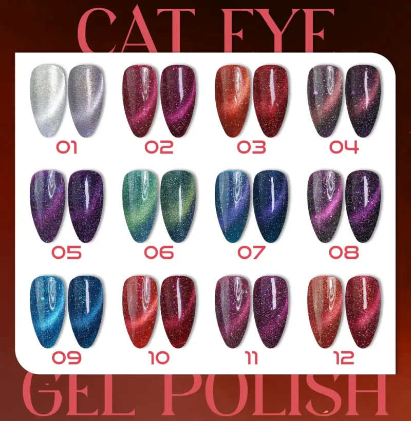 A LAVIS display board showcases 12 nail polish samples, labeled 01 to 12, featuring various colors and glitter effects. The title proudly reads "LAVIS Cat Eye CE14 - Super Nova Collection.