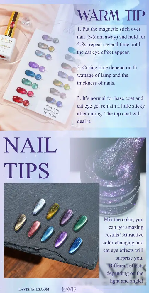 A set of nail tips from the LAVIS Cat Eye CE4 - Fairy Tale Collection, showcasing different metallic colors with instructions for applying the LAVIS CE4 magnetic stick to achieve a mesmerizing cat eye effect. Text highlights warm tips and nail tips for achieving various results.