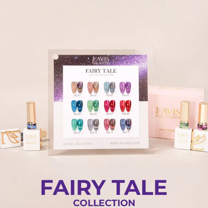 An image of the LAVIS Cat Eye CE4 - Fairy Tale Collection gel polish set, showcasing 16 different colored Cat Eye nail polish swatches, with a clear plastic cover and branded packaging in the background.