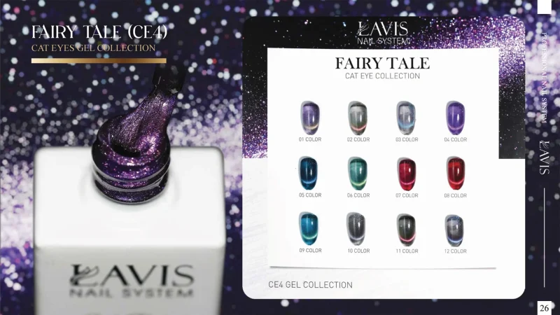 Image of LAVIS Cat Eye CE4 - Fairy Tale Collection. Shows a purple nail polish bottle on the left and a display of 10 different nail polish colors on the right, each labeled with a code like CE4.