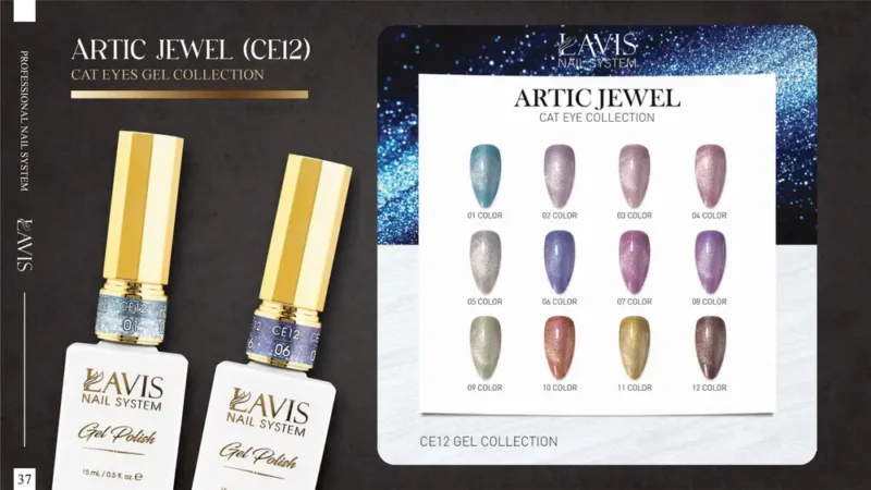 Image showing Lavis Nail System Arctic Jewel Cat Eyes Gel Collection. Includes two bottles and a display with 12 gel polish colors, each labeled with a unique identification number—perfect for keeping your AUTO-DRAFT manicures looking flawless.