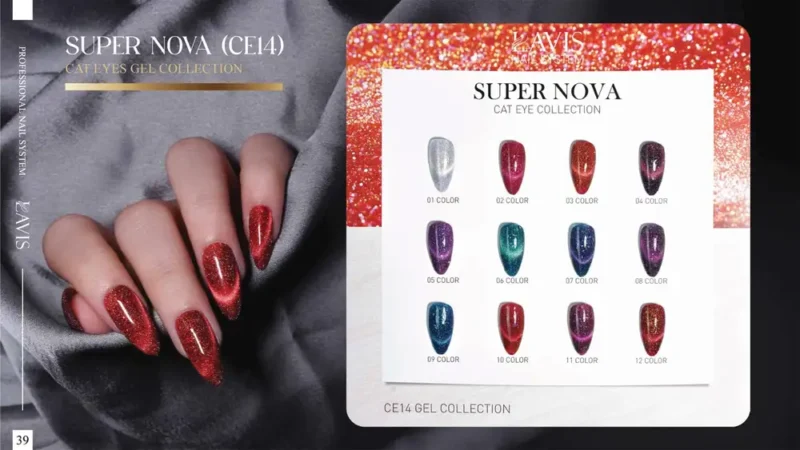 A hand with long, red glittery nails is displayed beside a chart showcasing 12 different nail polish colors from the LAVIS Cat Eye CE14 - Super Nova Collection. Each color is labeled with a number.