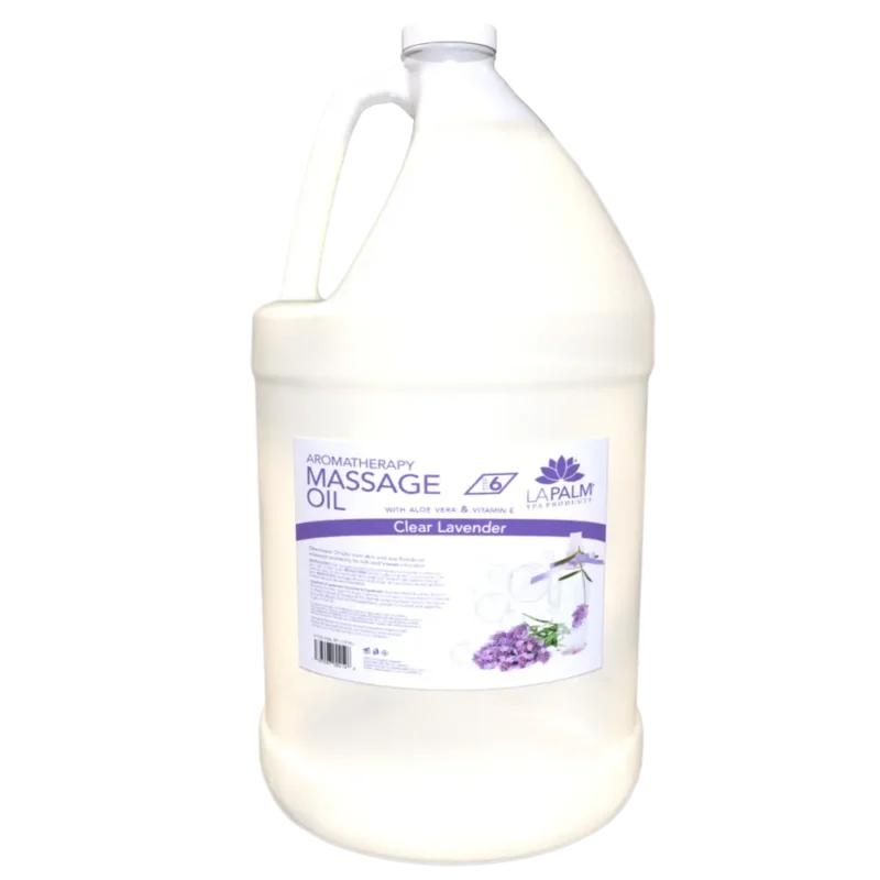 A gallon container of La Palm Massage Oil labeled "Clear Lavender" with aloe vera and vitamin E. Produced by L.A. Palm, the semi-transparent bottle features a handle and a white cap.