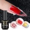 A bottle of KYE Antifreezing Peel Off Latex 0.5oz is shown with an applied red nail polish being peeled off a fingernail. Small circular images depict various nail designs using the product, showcasing its versatility and ease of use.