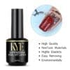 Bottle of KYE Antifreezing Peel Off Latex 0.5oz next to an image of a decorated fingernail being painted. Text lists features: "High Quality," "NonToxic Materials," "Highly Elasticity," "Easy Removing," and "Environmentally Friendly.