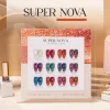 Display card showcasing 16 different shades of gel nail polish from the LAVIS Cat Eye CE14 - Super Nova Collection by LAVIS, featuring the mesmerizing Cat Eye effect, placed against a decorative background with a bottle of nail polish beside it.