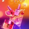 An advertisement for the Nitro VIBE Collection 3-in-1 Powder, Gel, & Lacquer (24 Colors) showcasing nail polish bottles and a 3-in-1 Powder Gel Lacquer container. Featuring vibrant colors, fruit garnish, and highlighting benefits like 95% color matching and 4-in-1 use. Explore all 24 colors for endless possibilities.