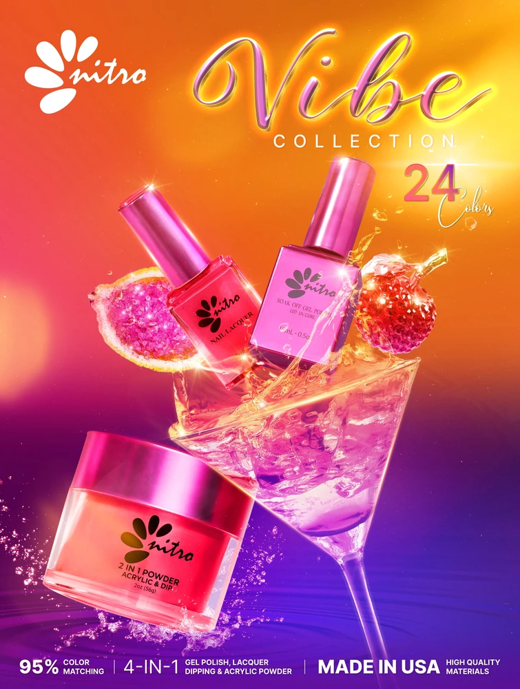 An advertisement for the Nitro VIBE Collection 3-in-1 Powder, Gel, & Lacquer (24 Colors) showcasing nail polish bottles and a 3-in-1 Powder Gel Lacquer container. Featuring vibrant colors, fruit garnish, and highlighting benefits like 95% color matching and 4-in-1 use. Explore all 24 colors for endless possibilities.