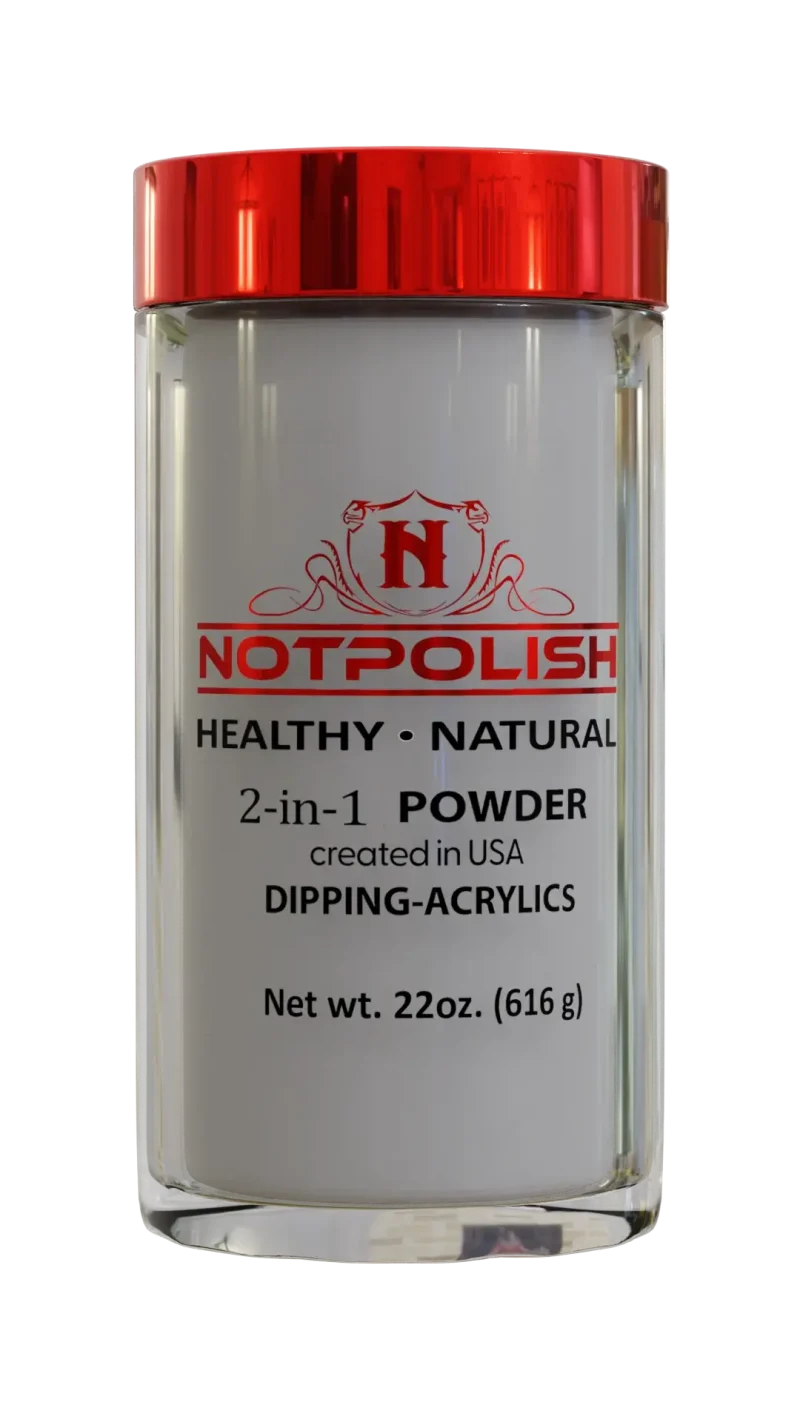 Clear container with a red lid labeled "NotPolish Dipping Acrylic Powder 22oz," displaying additional text about its attributes and weight of 22oz.