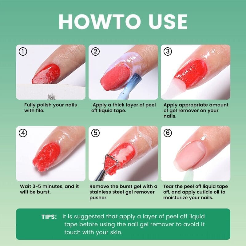 Step-by-step guide for removing nail gel using KYE Antifreezing Peel Off Latex 0.5oz and remover, including application, waiting, removal, and moisturizing tips.