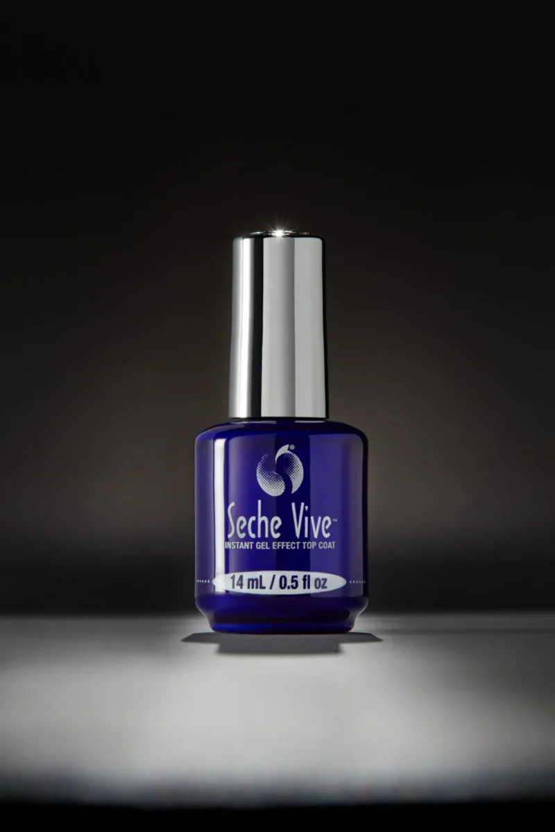 A bottle of Seche VIVE Instant Gel Effect Top Coat 0.5oz on a gradient background.