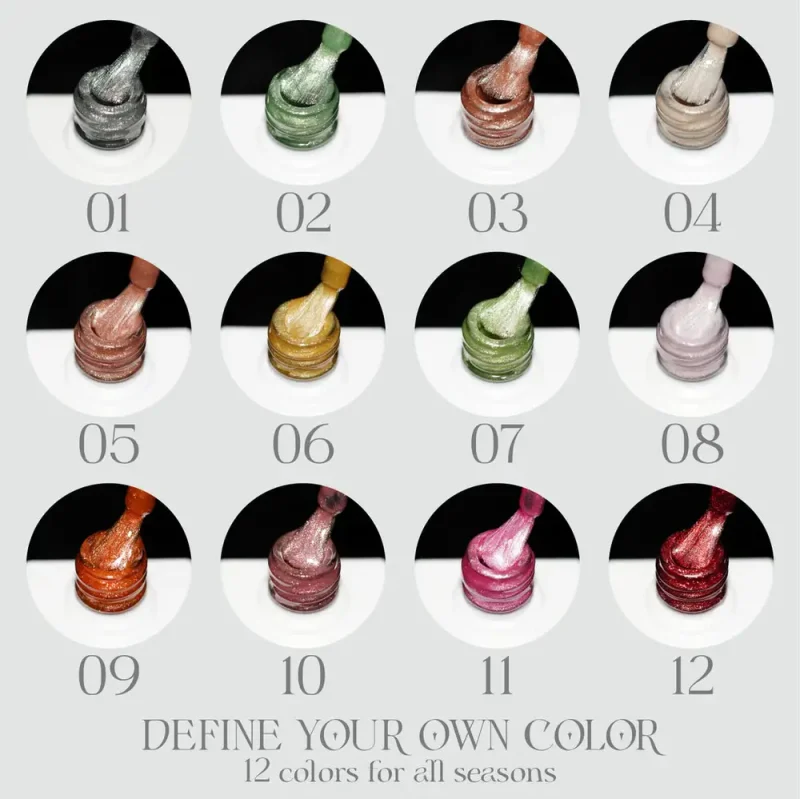 Twelve nail polish samples, including shades like LAVIS Cat Eye CE1 - Cozy Cashmere Collection, are displayed in a grid numbered 01 to 12. Text below reads "DEFINE YOUR OWN COLOR, 12 colors for all seasons.