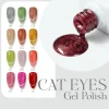 Image displaying 12 gel polish shades, each labeled with a number from 01 to 12, and a close-up of a bottle pouring out shimmery dark red polish. Text reads "CAT EYES Gel Polish by LAVIS." Experience the allure of our LAVIS Cat Eye CE1 - Cozy Cashmere Collection.