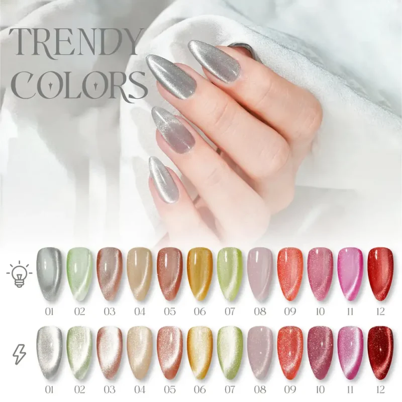 Image of a display with 12 different nail polish colors, labeled 01 to 12, on a background showing a hand with metallic silver-painted nails holding a white fabric. The text reads "LAVIS Cat Eye CE1 - Cozy Cashmere Collection." Featuring shades like Cozy Cashmere and the dazzling Cat Eye.