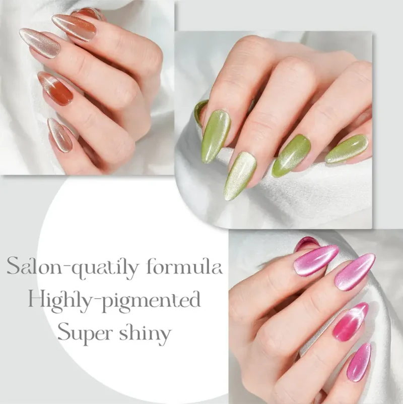 Three close-up images display hands with glossy, highly pigmented nail polish in various shades: pale pink, light green, and bright pink. Text reads "Salon-quality formula, Highly-pigmented, Super shiny. Explore our new LAVIS Cat Eye CE1 - Cozy Cashmere Collection for more vibrant looks.