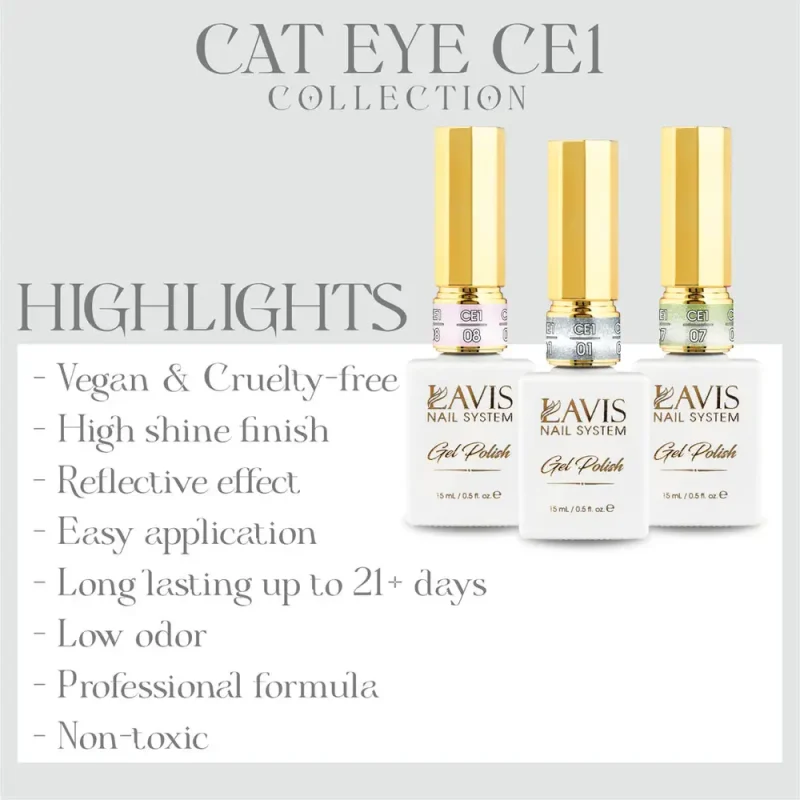 Three bottles from LAVIS Cat Eye CE1 - Cozy Cashmere Collection, featuring gold caps. Highlights: Vegan, cruelty-free, high shine finish, reflective effect, easy application, long-lasting, low odor, professional formula, non-toxic.