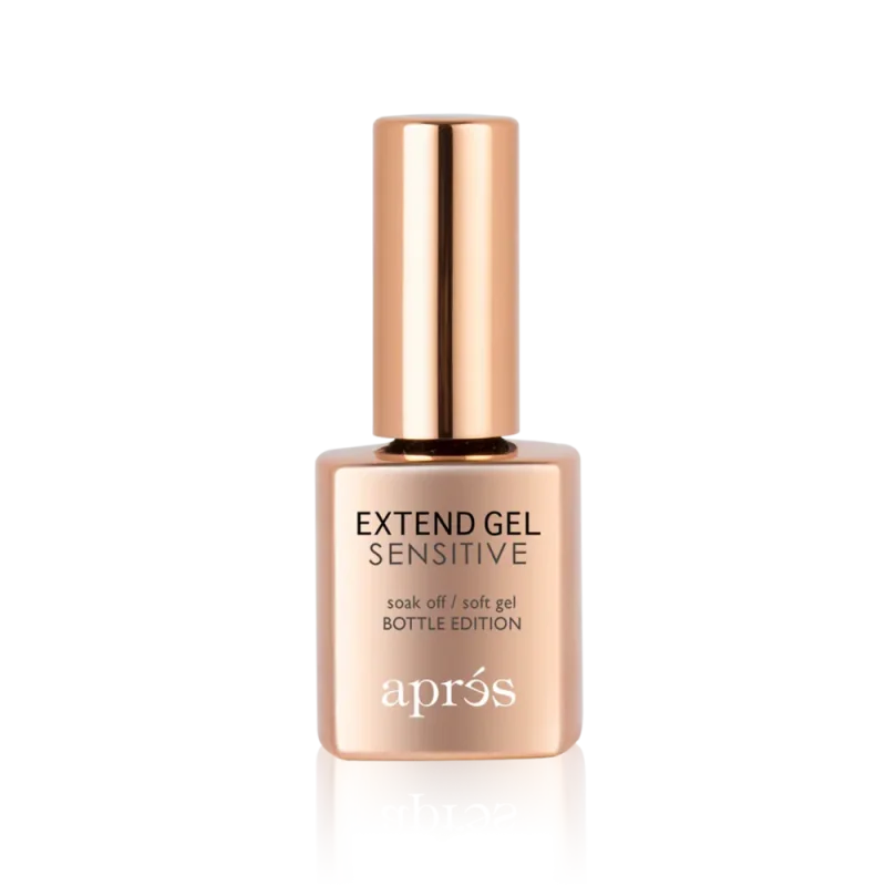 A rose gold bottle of "Apres Extend Gel Sensitive In Bottle Edition 15ml," soak-off, soft gel in the Bottle Edition by Après.