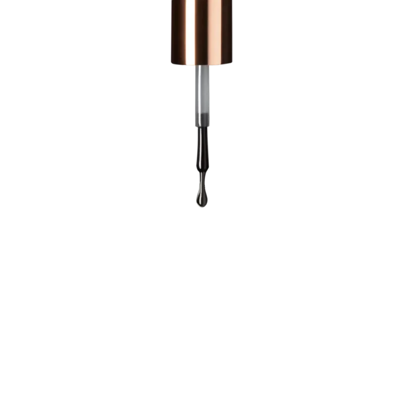 A close-up of a nail polish brush with a rose gold lid against a black background. The brush, sensitive to precise applications, is coated with clear polish from the exclusive Apres Extend Gel Sensitive In Bottle Edition 15ml.