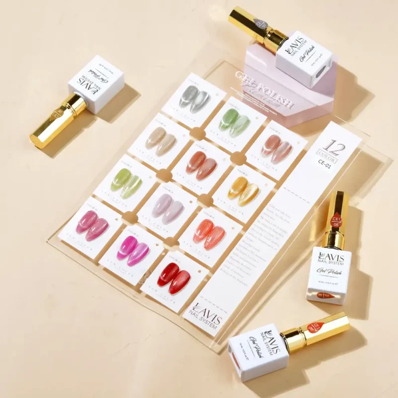 A display featuring several bottles of LAVIS Cat Eye CE1 - Cozy Cashmere Collection nail polish, including the luxurious Cozy Cashmere shade, and a color palette showing 12 different nail polish colors mounted on a transparent stand.