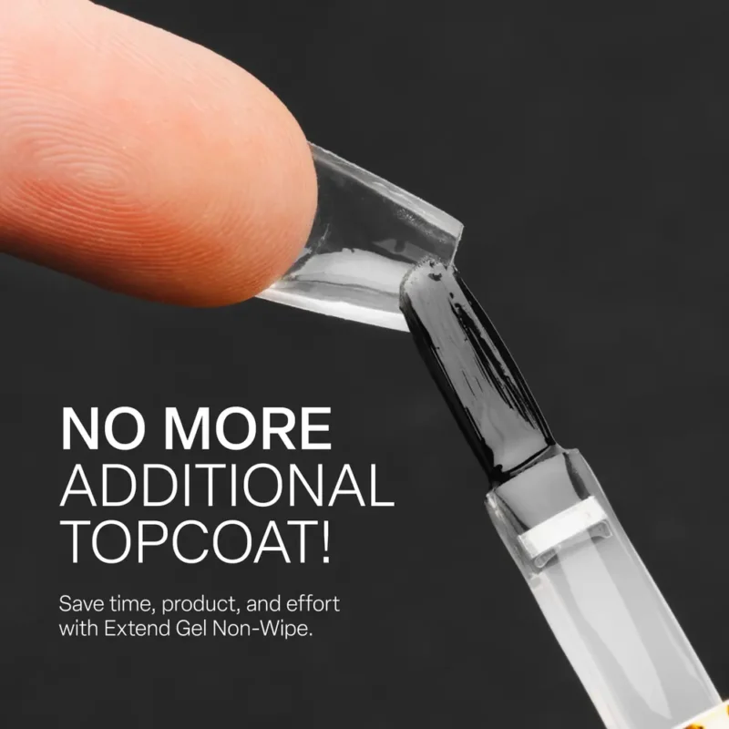 A close-up of a brush applying Apres Extend Gel Non-Wipe 15ml to a fingernail. The text says, "No more additional topcoat! Save time, product, and effort with the Apres Extend Gel Non-Wipe 15ml.