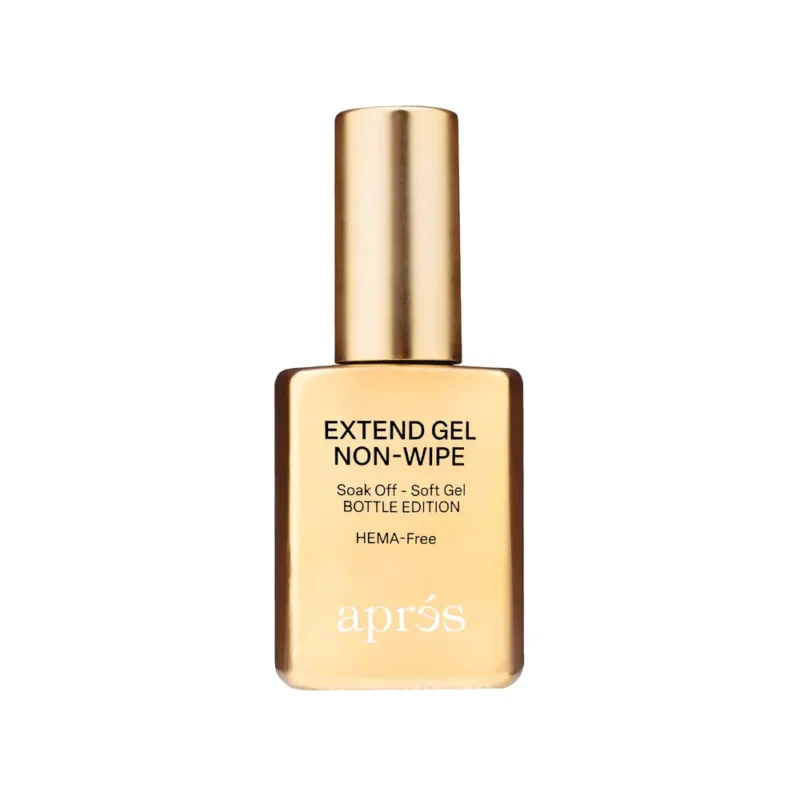 A bottle of Apres Extend Gel Non-Wipe 15ml soak-off, soft gel with a gold cap. The label highlights "HEMA-Free" and mentions the "Bottle Edition." It contains 15ml of gel for your convenience.