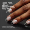 Close-up of hands with transparent nail extensions. Text on the image reads "HEMA-free, vegan, cruelty-free, non-wipe" and "Experience the gamechanger. Experience Apres Extend Gel Non-Wipe 15ml.