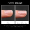 Comparison of two fingernails: one with fuzzies and one with Apres Extend Gel Non-Wipe 15ml. Text states "FUZZIES, BE GONE! with Extend Gel Non-Wipe 15ml" and highlights the product's benefit against fuzzies and debris.