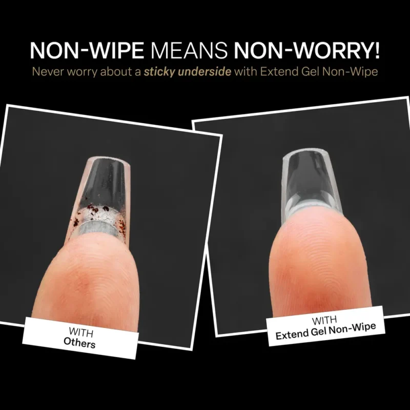 Two fingernails shown side-by-side. Left nail smudged with text "With Others," right nail clean with text "With Apres Extend Gel Non-Wipe 15ml." Text above reads, "NON-WIPE MEANS NON-WORRY!